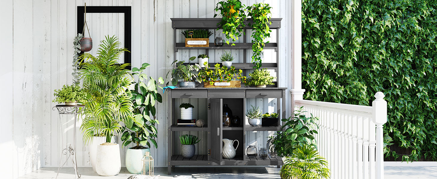 TOPMAX 66'' Large Outdoor Farmhouse Wooden Potting Bench Table, Garden Workstation with 2 Drawers,Cabinet and Open Shelves for Backyard, Mudroom, Gray