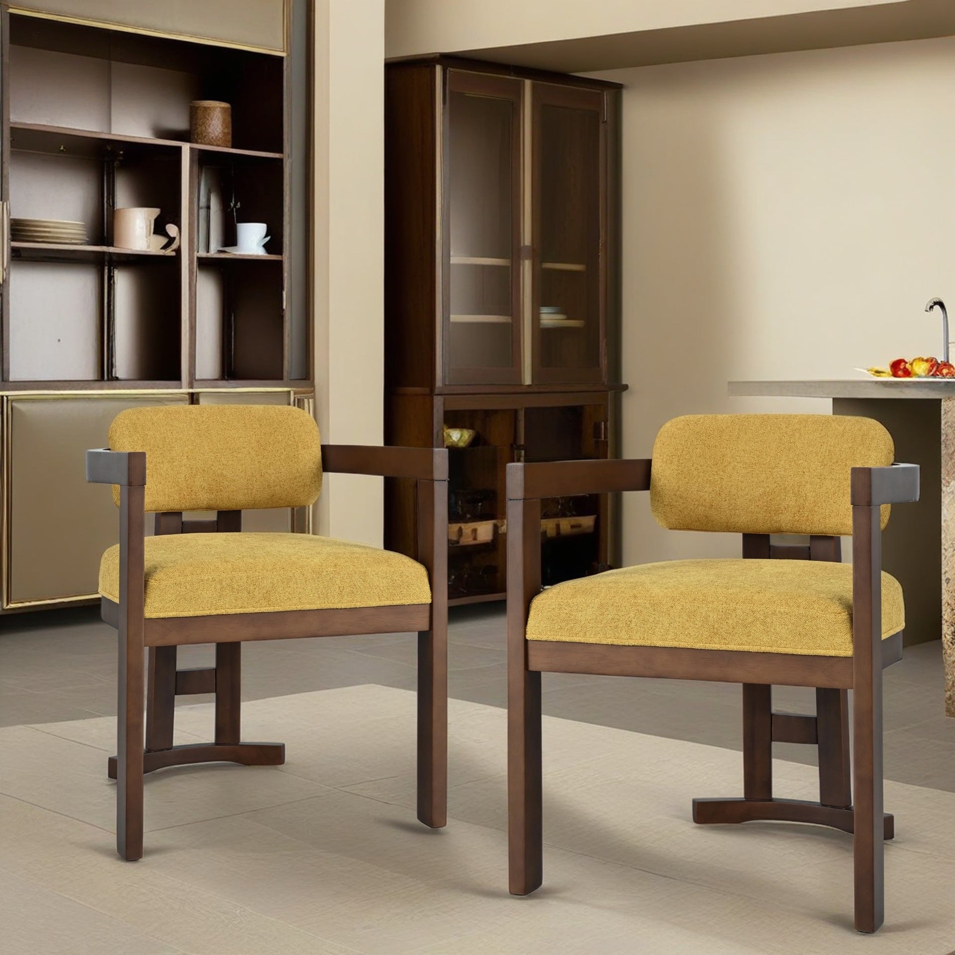 Indoor Upholstered Wood Dining Chair(Set of 2),Yellow+Walnut