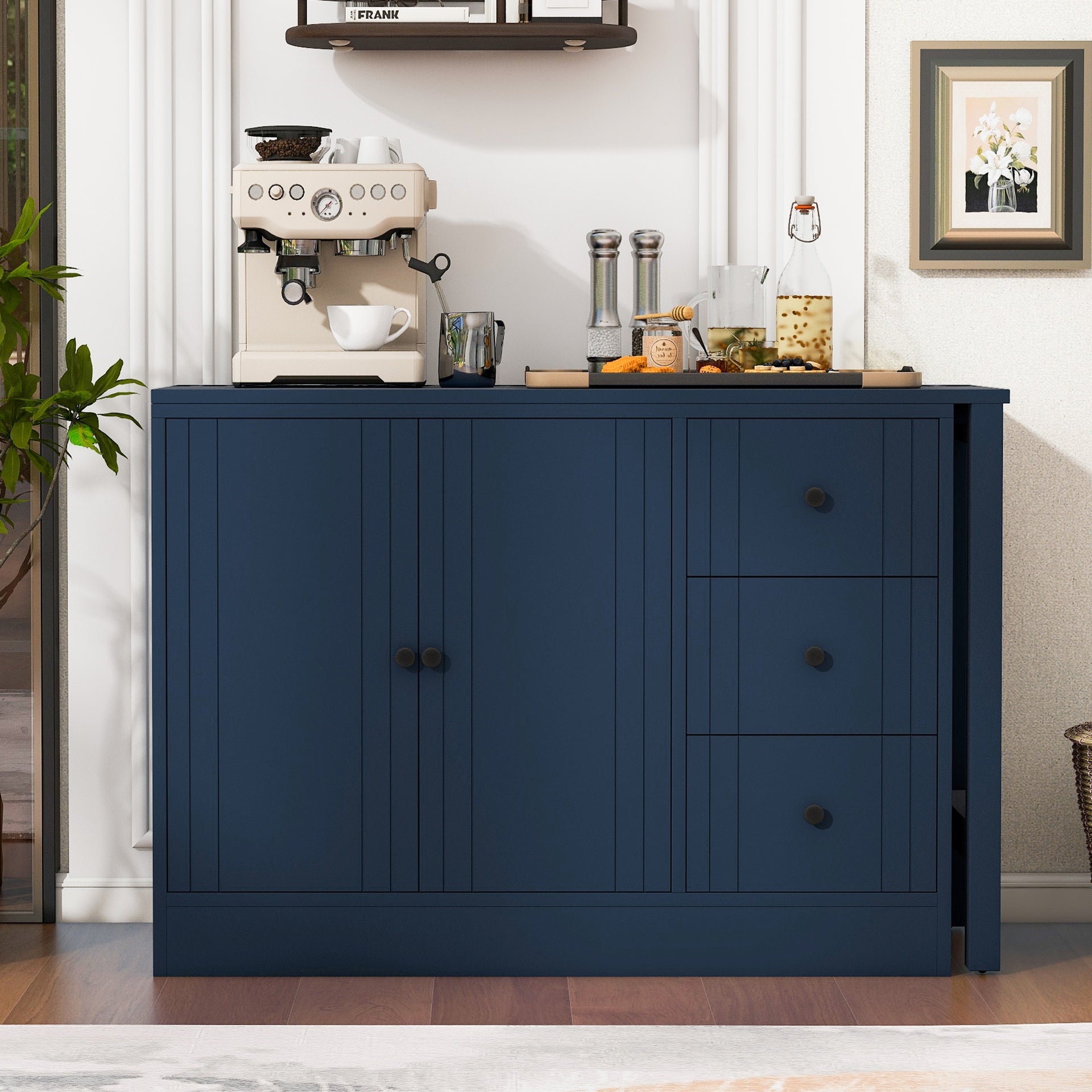 U_STYLE 89.7''Wooden Sideboard with Extendable Table,Multifunctional Storage Cabinet with 2 Doors and 3 Drawers,for Living Room,Study,Foyer and Kitchen