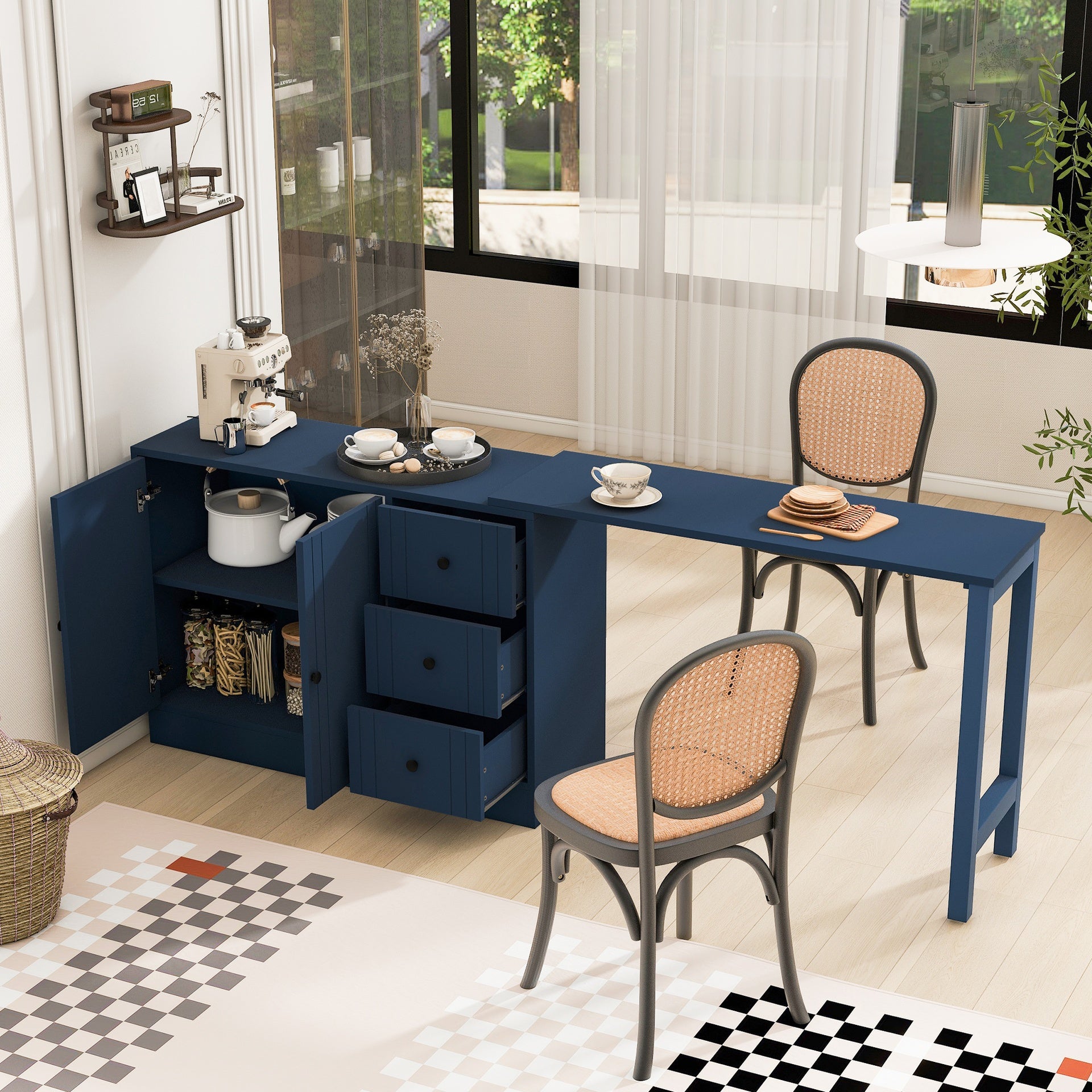 U_STYLE 89.7''Wooden Sideboard with Extendable Table,Multifunctional Storage Cabinet with 2 Doors and 3 Drawers,for Living Room,Study,Foyer and Kitchen