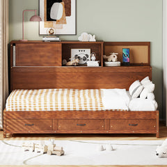 Twin Size Wooden Daybed with 3 Storage Drawers, Upper Soft Board, shelf, and a set of Sockets and USB Ports, Walnut