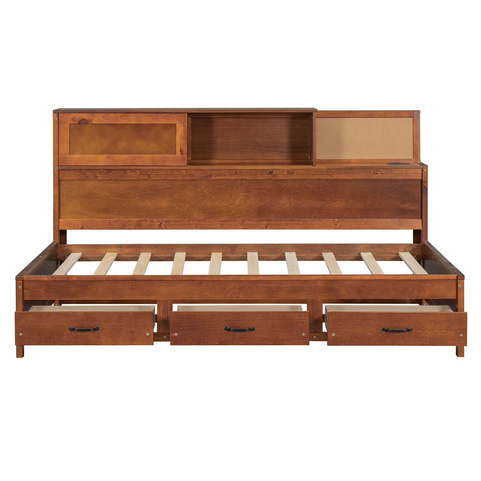 Twin Size Wooden Daybed with 3 Storage Drawers, Upper Soft Board, shelf, and a set of Sockets and USB Ports, Walnut