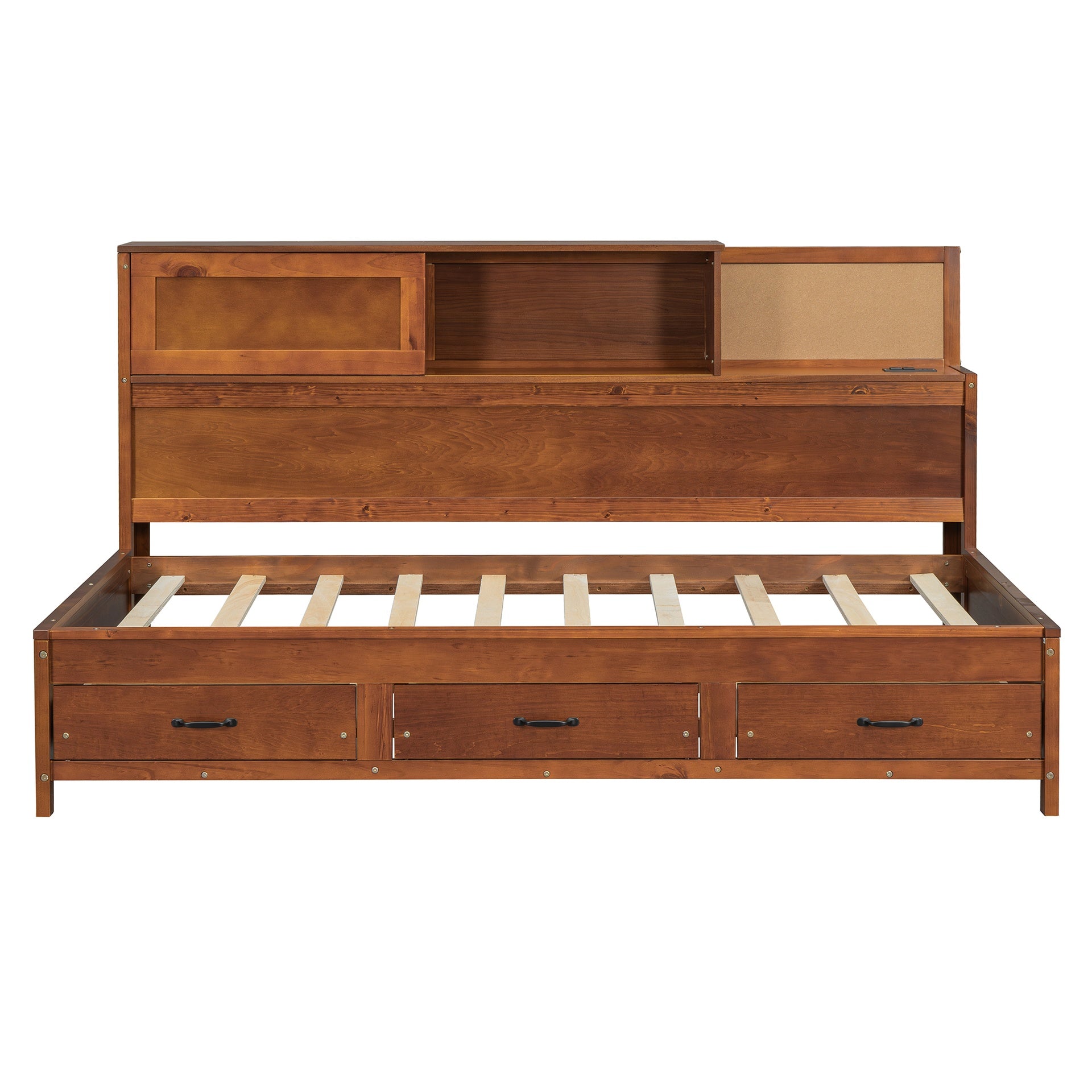 Twin Size Wooden Daybed with 3 Storage Drawers, Upper Soft Board, shelf, and a set of Sockets and USB Ports, Walnut