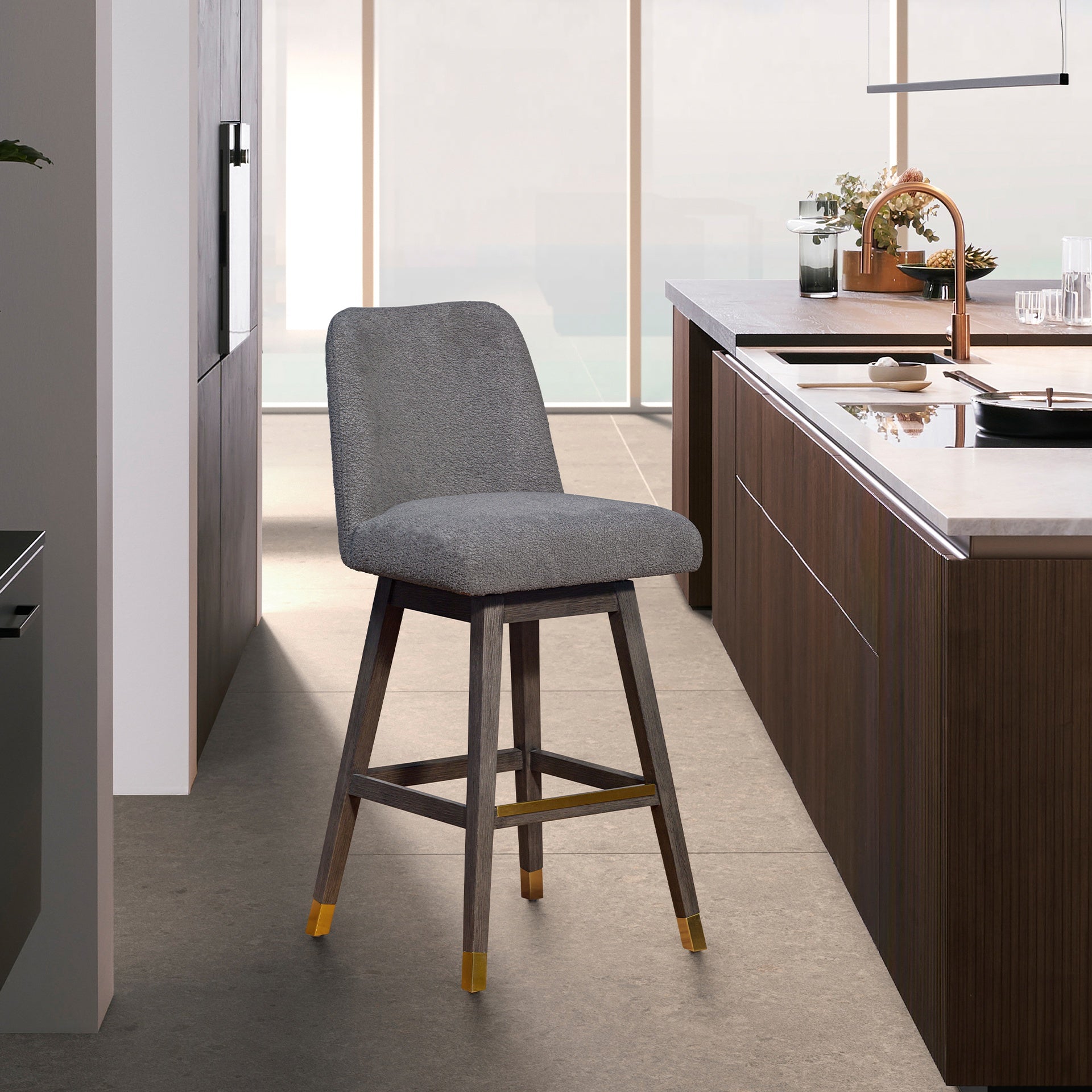 Ralena Swivel Bar Stool in Gray Oak Wood Finish with Gray Boucle Fabric