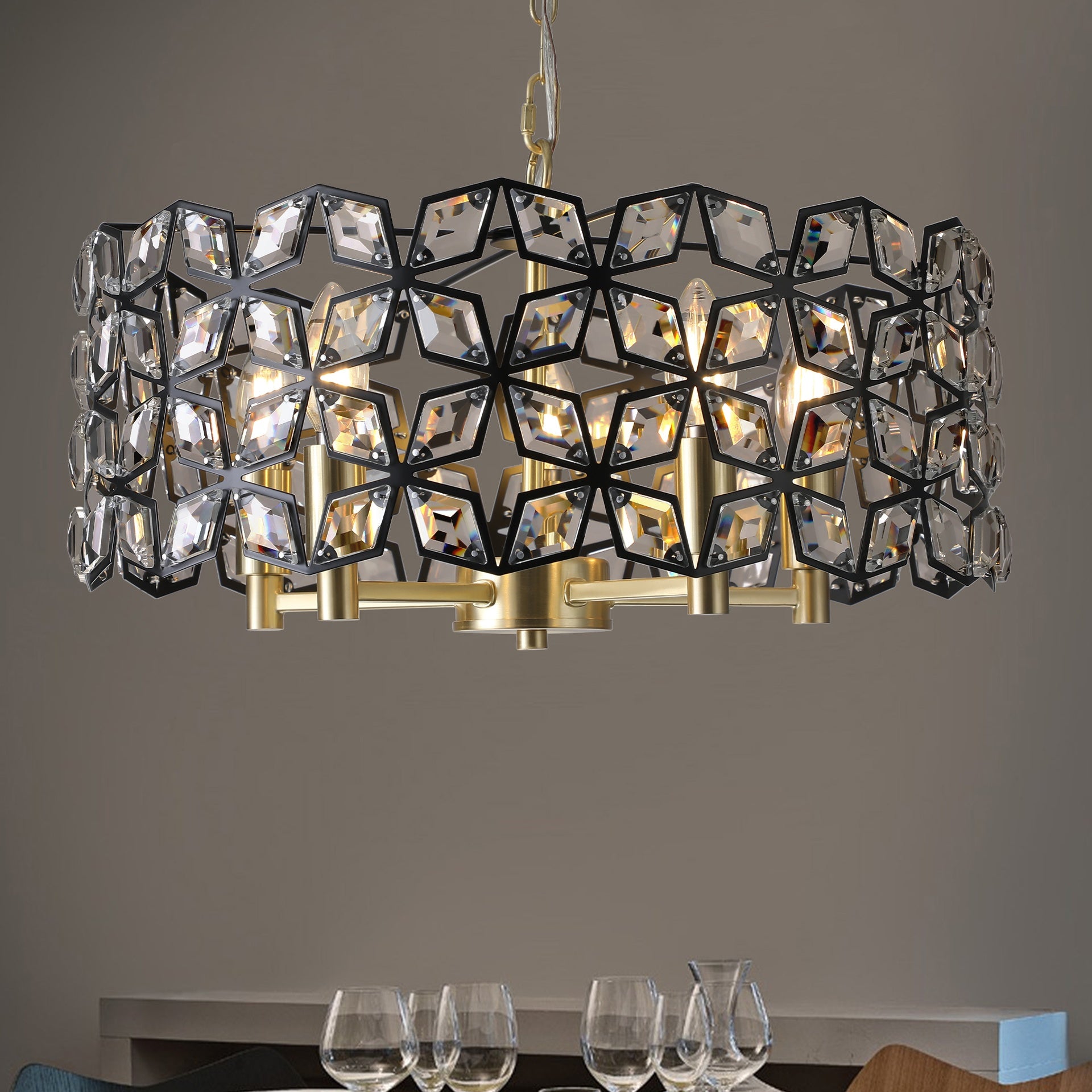 19" Geometric Crystal and BlackGold Round Pendant Chandelier – Modern 5-Light Fixture for Dining Room, Living Room, or Kitchen (Bulb Not Included)