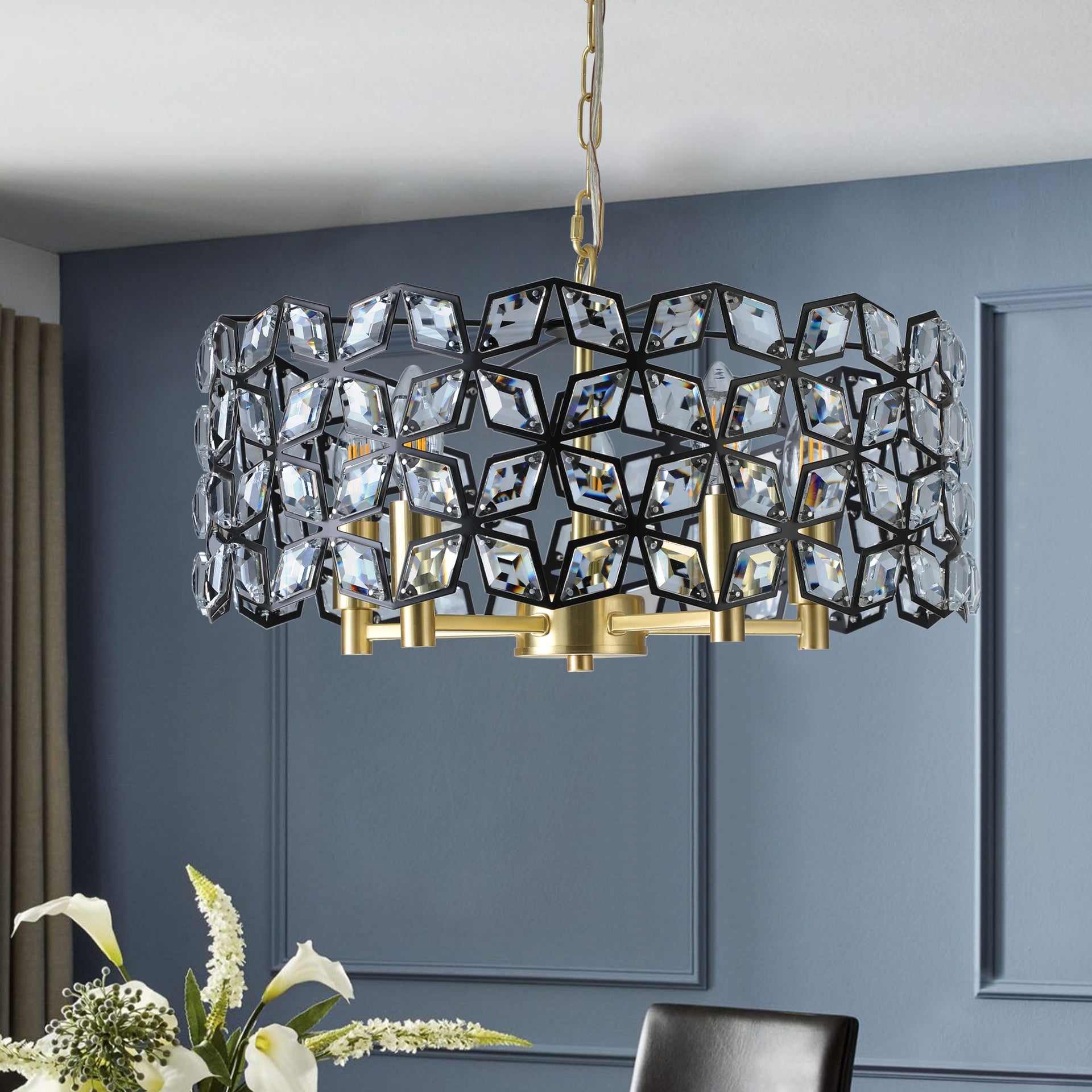19" Geometric Crystal and BlackGold Round Pendant Chandelier – Modern 5-Light Fixture for Dining Room, Living Room, or Kitchen (Bulb Not Included)