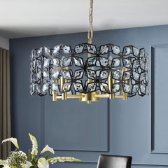 19" Geometric Crystal and BlackGold Round Pendant Chandelier – Modern 5-Light Fixture for Dining Room, Living Room, or Kitchen (Bulb Not Included)