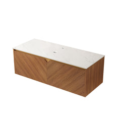 RUBEN 48" Wall-Mounted Brown Oak Plywood Cabinet and Carrara White Sintered Stone Countertop, NO Basin, NO Faucet and Sink Cove