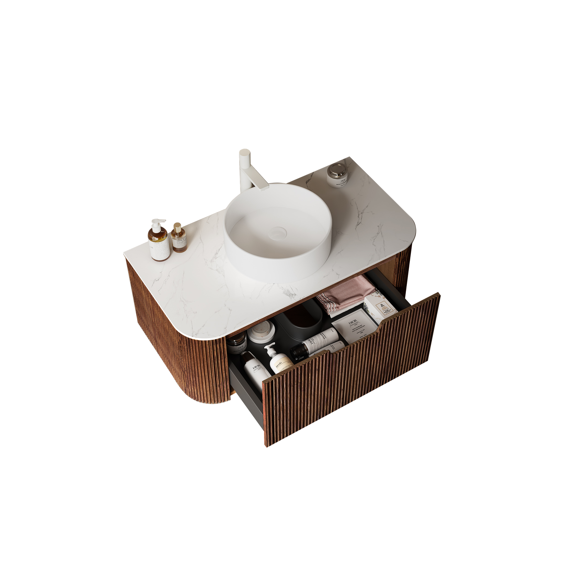 DINA 36" Bathroom Vanity with Sink, Wall-Mounted Floating Curved Edges Striped Bathroom Storage Cabinet with Drawer, White Ceramic Basin without Faucet, Pre-assembled, Dark Walnut Woodgrain Color