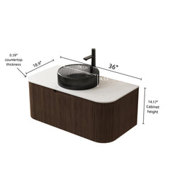 DINA 36" Bathroom Vanity with Sink, Wall-Mounted Curved Edges Striped Storage Cabinet with Drawer, Transparent Black Round Glass Basin and Countertop, Pre-assembled, Dark Walnut Woodgrain Color