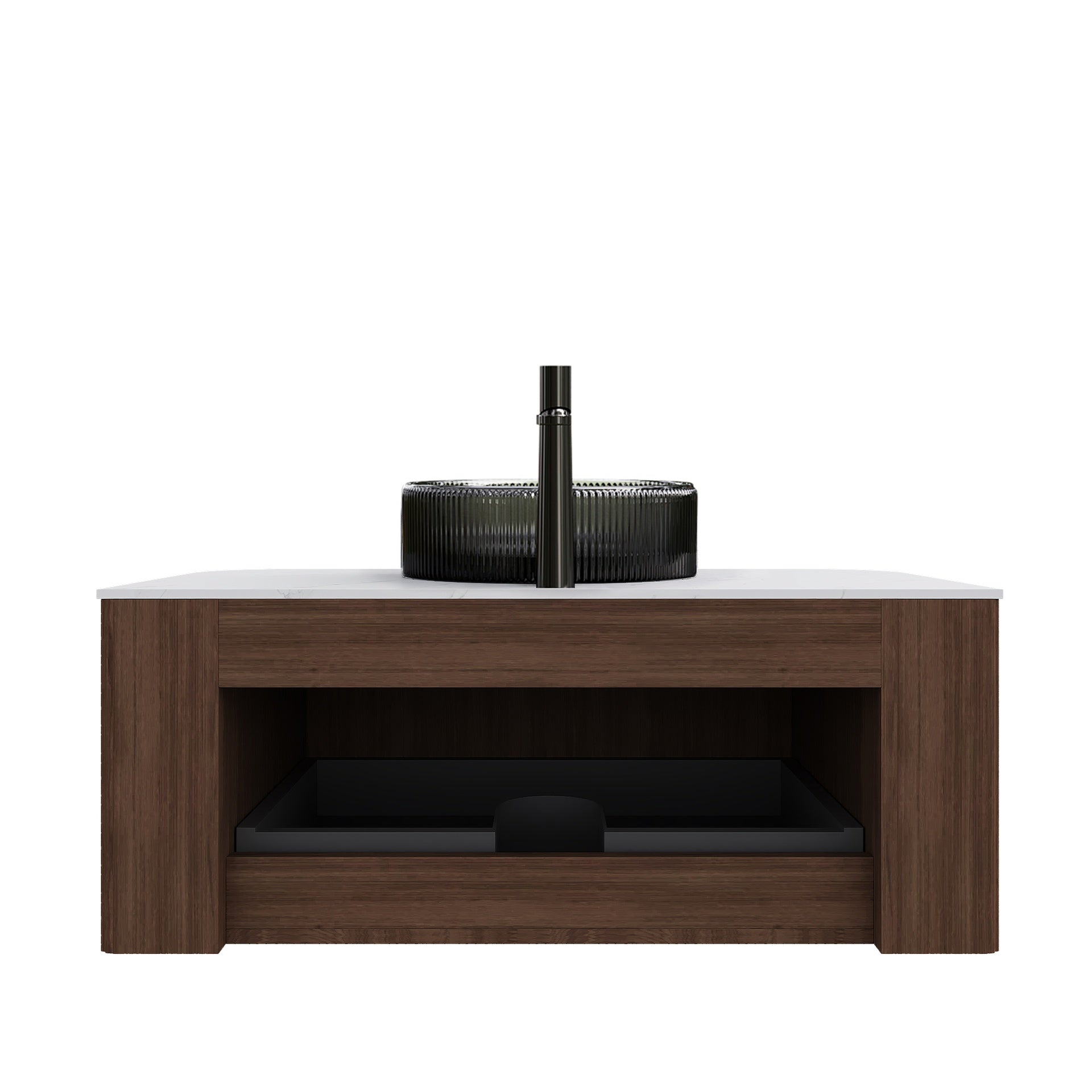 DINA 36" Bathroom Vanity with Sink, Wall-Mounted Curved Edges Striped Storage Cabinet with Drawer, Transparent Black Round Glass Basin and Countertop, Pre-assembled, Dark Walnut Woodgrain Color