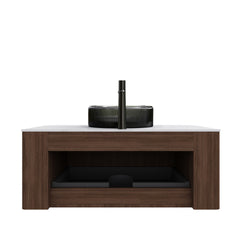 DINA 36" Bathroom Vanity with Sink, Wall-Mounted Curved Edges Striped Storage Cabinet with Drawer, Transparent Black Round Glass Basin and Countertop, Pre-assembled, Dark Walnut Woodgrain Color
