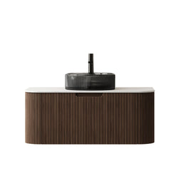 DINA 36" Bathroom Vanity with Sink, Wall-Mounted Curved Edges Striped Storage Cabinet with Drawer, Transparent Black Round Glass Basin and Countertop, Pre-assembled, Dark Walnut Woodgrain Color