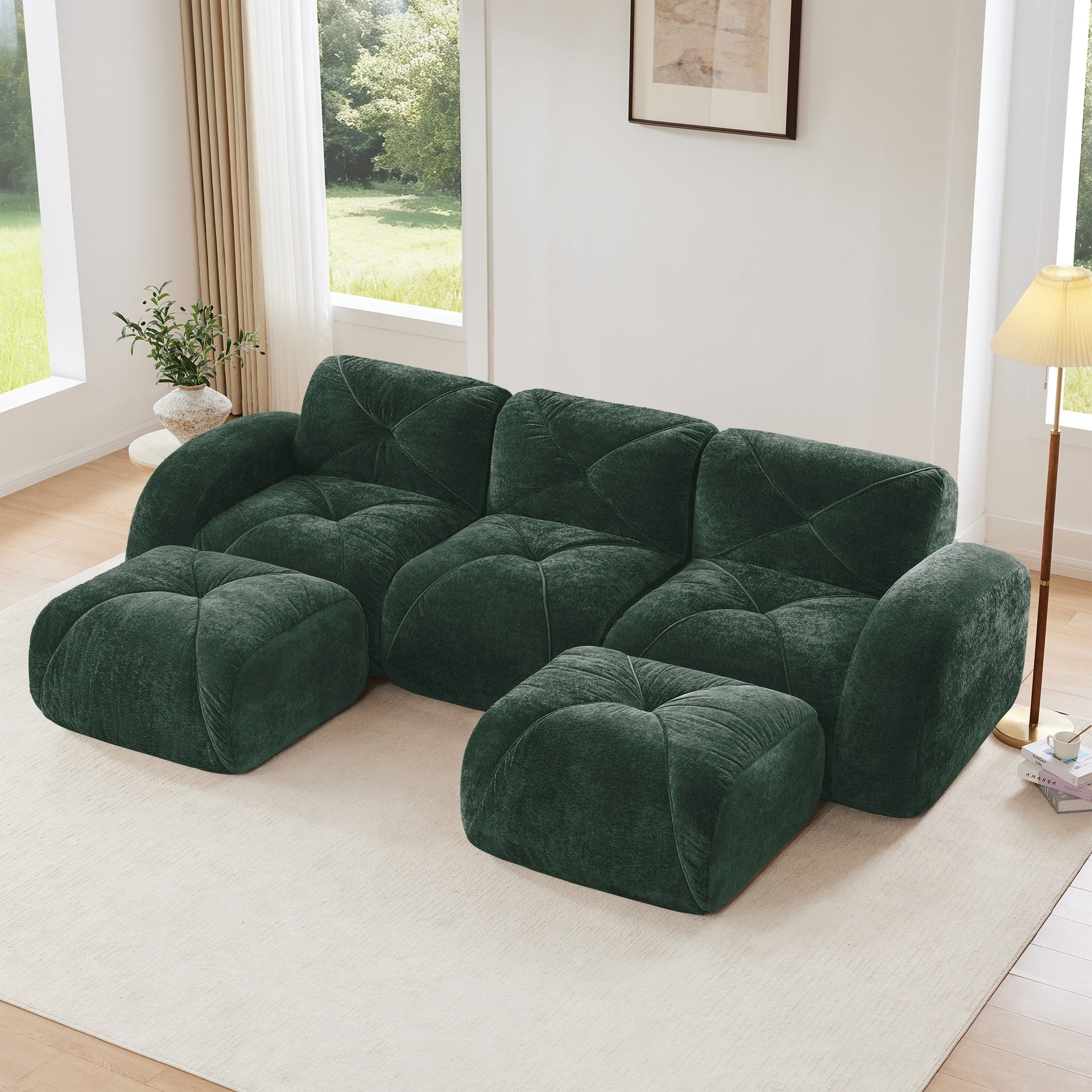 U-shaped Boneless Sofa,Tufted Design,32D High Density Sponge,Bottom Anti-Slip Design,No Assembly Required Bottom,Free Combination,Movable Ottomans For Study And Home Theater,Green