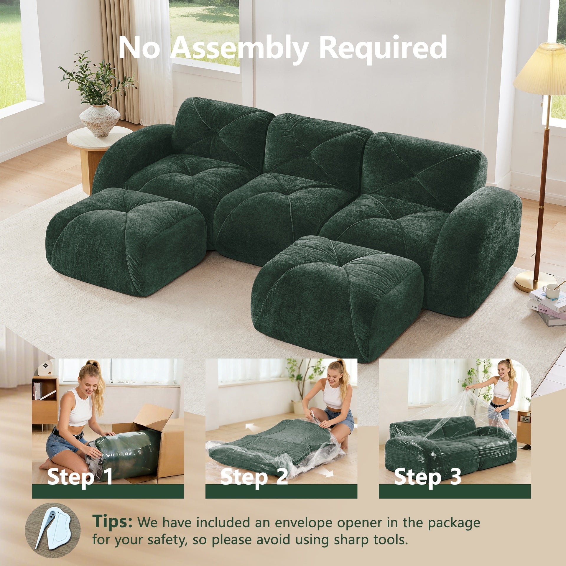 U-shaped Boneless Sofa,Tufted Design,32D High Density Sponge,Bottom Anti-Slip Design,No Assembly Required Bottom,Free Combination,Movable Ottomans For Study And Home Theater,Green