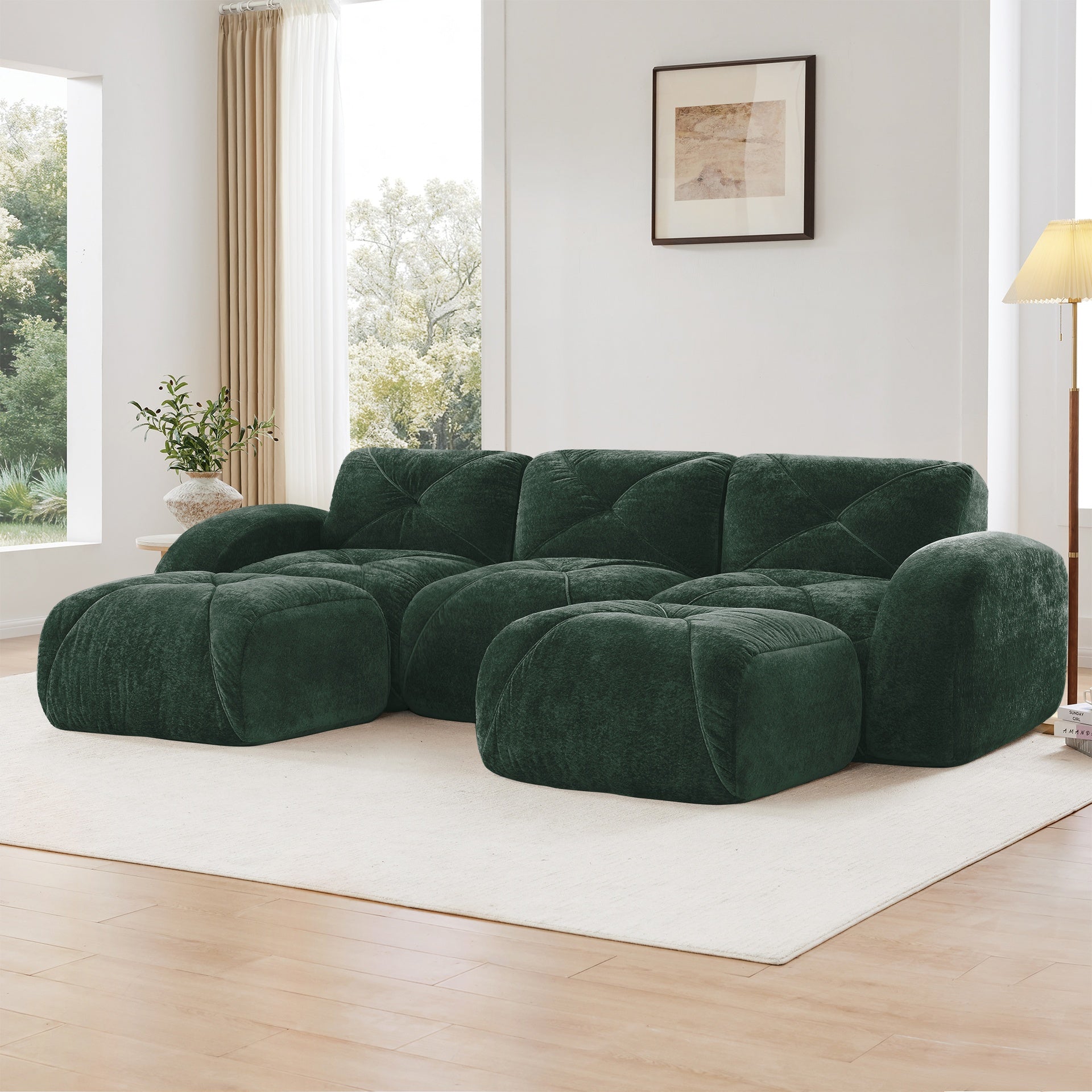U-shaped Boneless Sofa,Tufted Design,32D High Density Sponge,Bottom Anti-Slip Design,No Assembly Required Bottom,Free Combination,Movable Ottomans For Study And Home Theater,Green