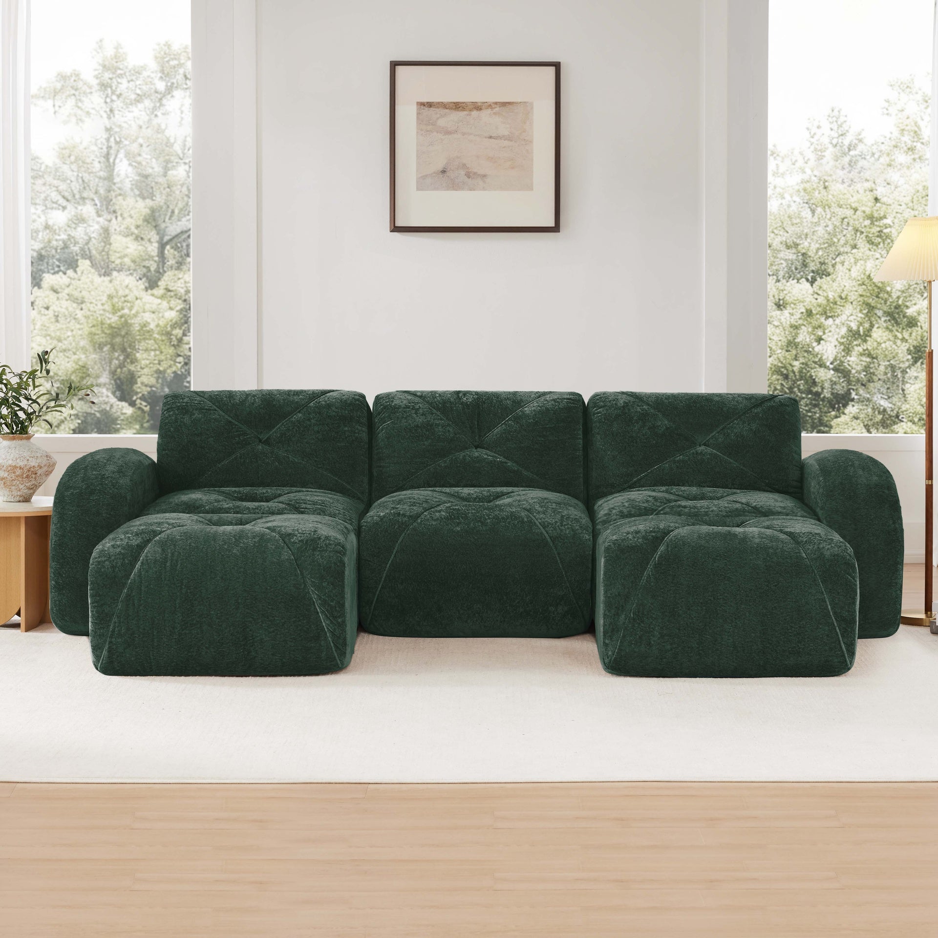U-shaped Boneless Sofa,Tufted Design,32D High Density Sponge,Bottom Anti-Slip Design,No Assembly Required Bottom,Free Combination,Movable Ottomans For Study And Home Theater,Green