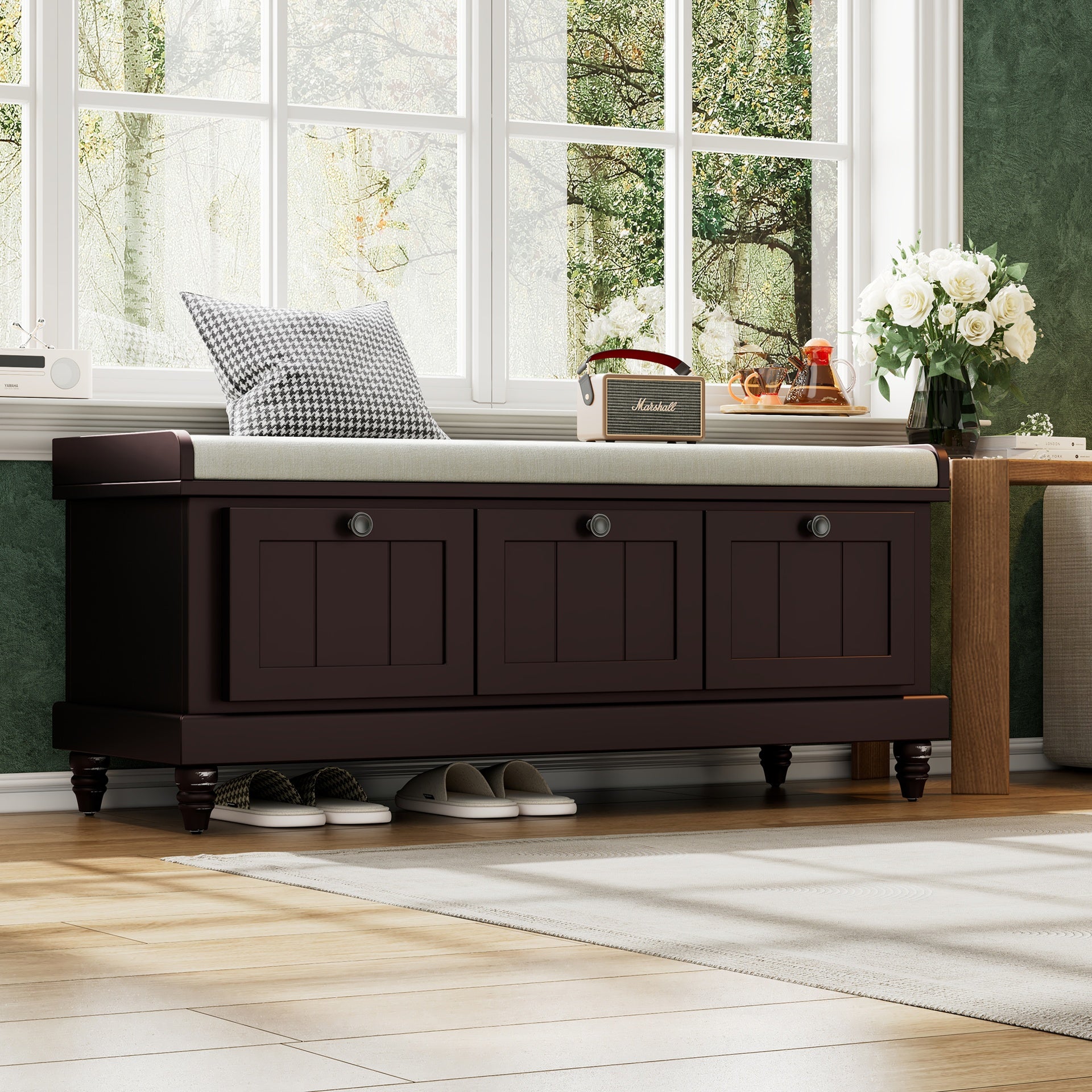 TREXM Classic Shoe Bench with Cushion and Three Drawers, Fluted Entryway Bench with Storage for Living Room, Entryway, and Hallways
