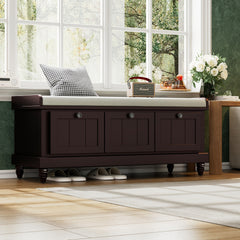 TREXM Classic Shoe Bench with Cushion and Three Drawers, Fluted Entryway Bench with Storage for Living Room, Entryway, and Hallways