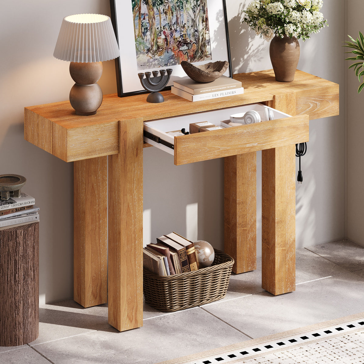 TREXM Rustic Minimalist Console Table with Hidden Drawer, Side Power Outlet,Wood Entryway Table for Entryways, Living Rooms and Home Offices(Natural)