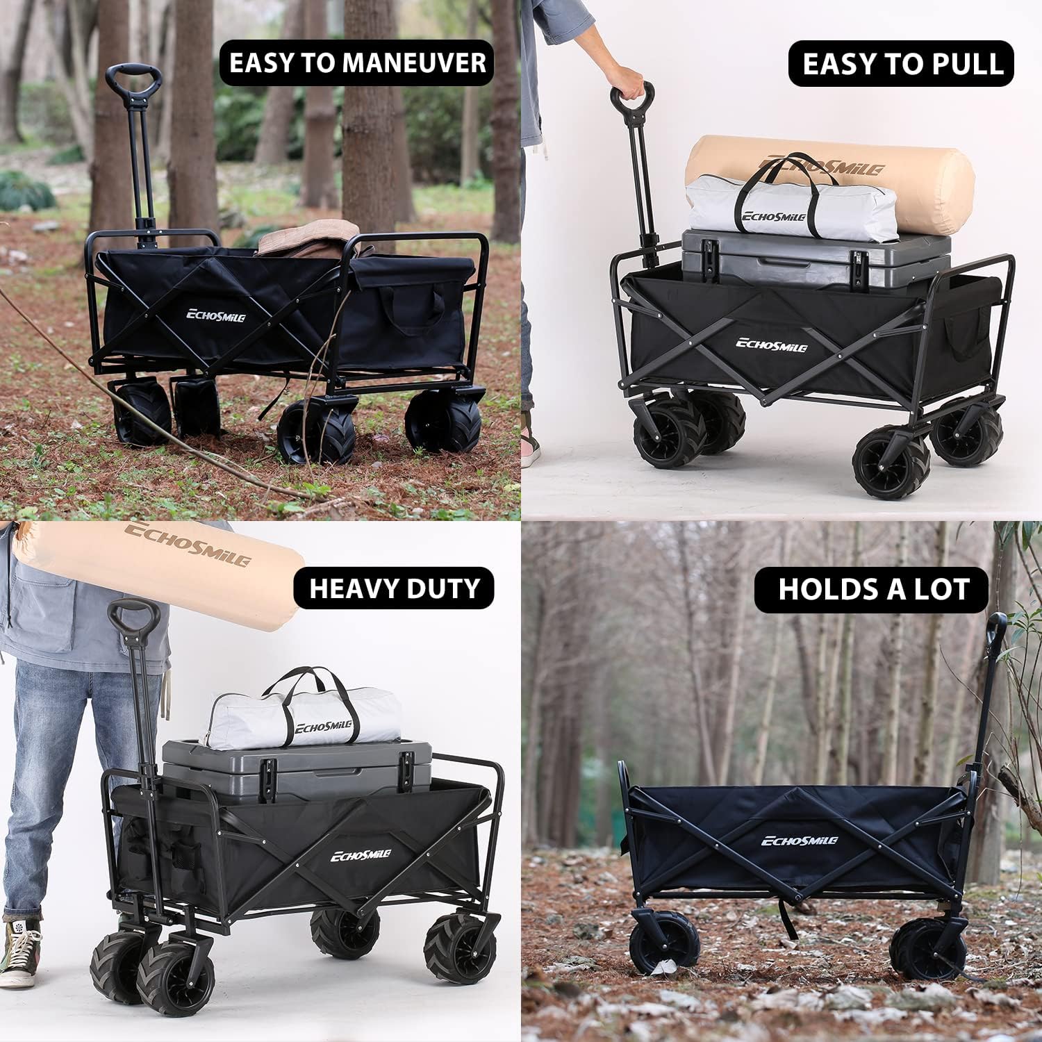 Heavy Duty 350 Lbs Capacity Collapsible Wagon, Outdoor Folding Camping Wagons, Grocery Portable Utility Cart, Adjustable Rolling Carts, All Terrain Sports Wagon with Big Wheels by Boahaus