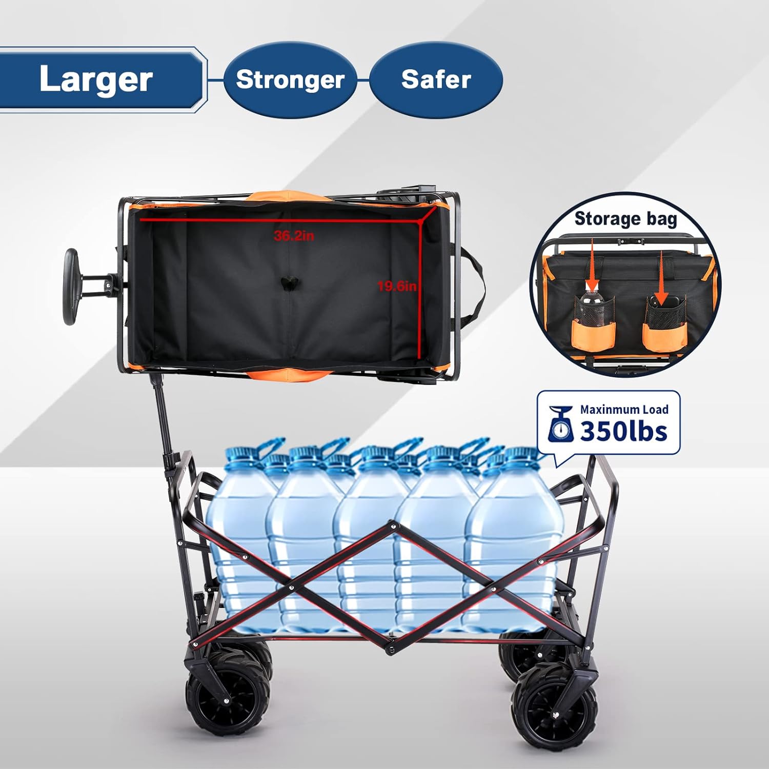 Heavy Duty 350 Lbs Capacity Collapsible Wagon, Outdoor Folding Camping Wagons, Grocery Portable Utility Cart, Adjustable Rolling Carts, All Terrain Sports Wagon with Big Wheels by Boahaus