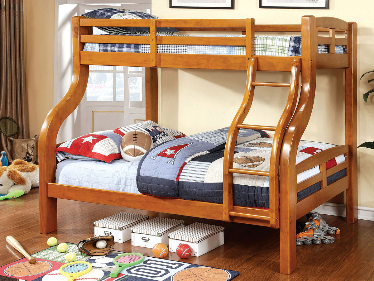 Oak Finish Transitional Style Twin Over Full Bunk Bed Upper Bed Rails Angled Ladder Bold Curved Wood Design