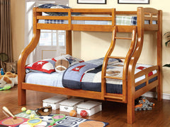 Oak Finish Transitional Style Twin Over Full Bunk Bed Upper Bed Rails Angled Ladder Bold Curved Wood Design
