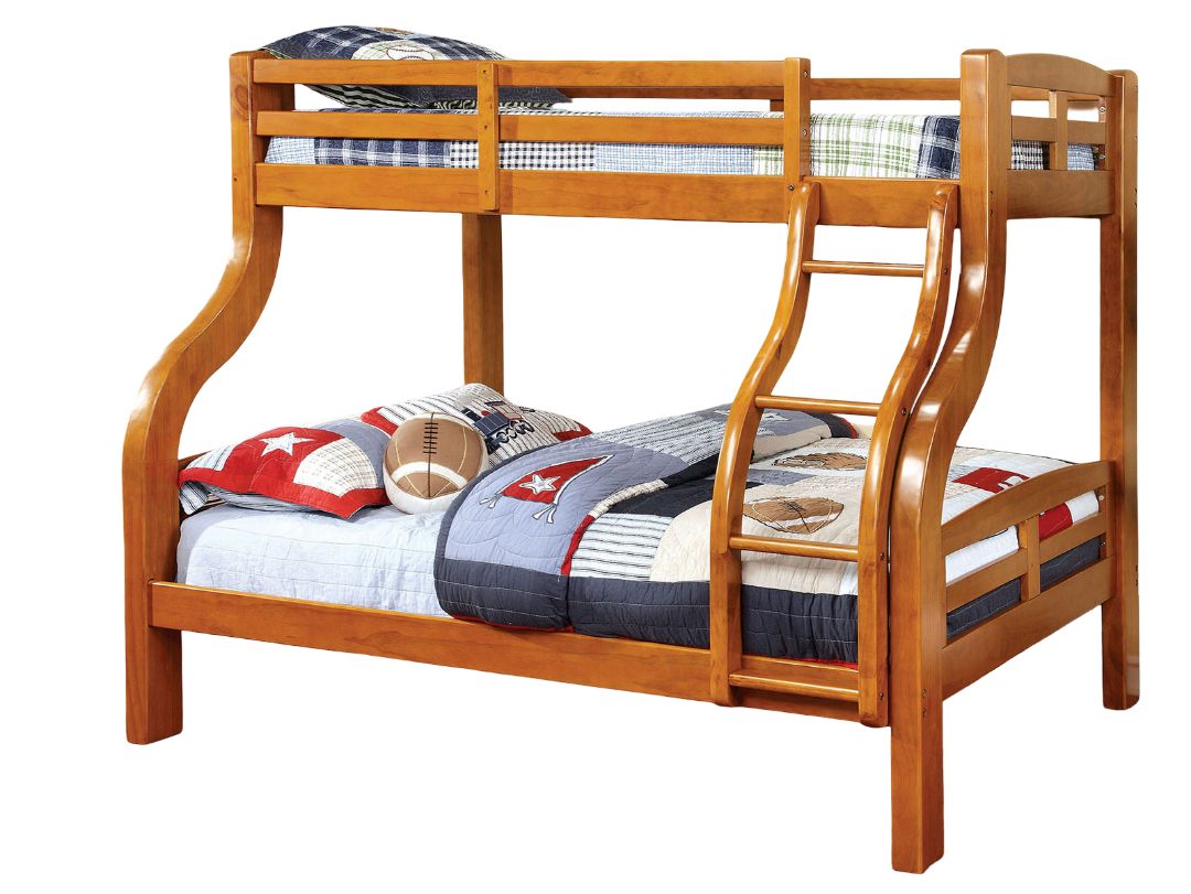Oak Finish Transitional Style Twin Over Full Bunk Bed Upper Bed Rails Angled Ladder Bold Curved Wood Design