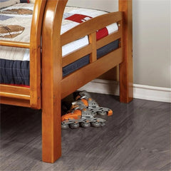 Oak Finish Transitional Style Twin Over Full Bunk Bed Upper Bed Rails Angled Ladder Bold Curved Wood Design