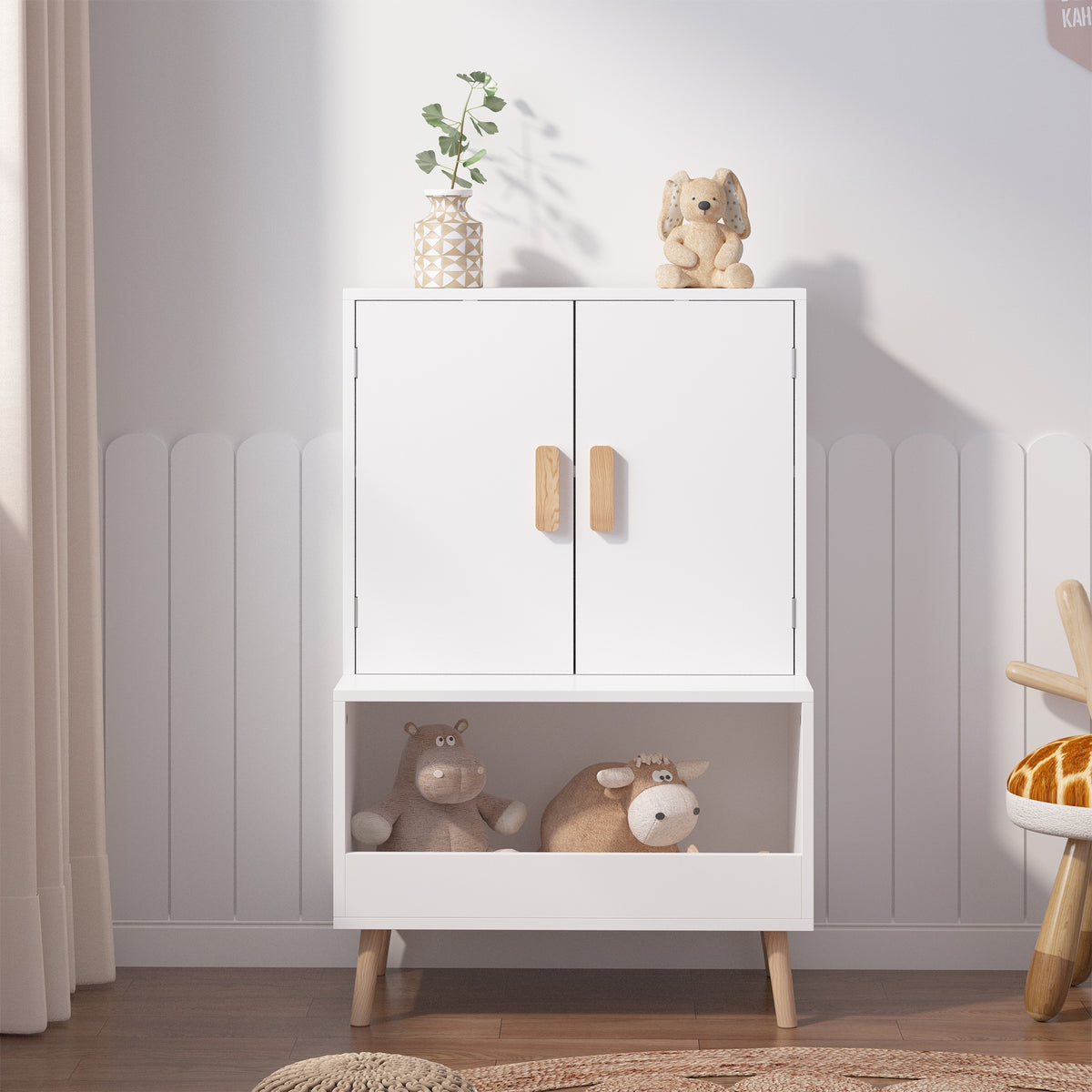 Kids Toy Storage Cabinet with Doors and Open Shelf, White Modern Wooden Organizer with Natural Wood Legs, Toddler Bookshelf for Playroom, Nursery, Bedroom