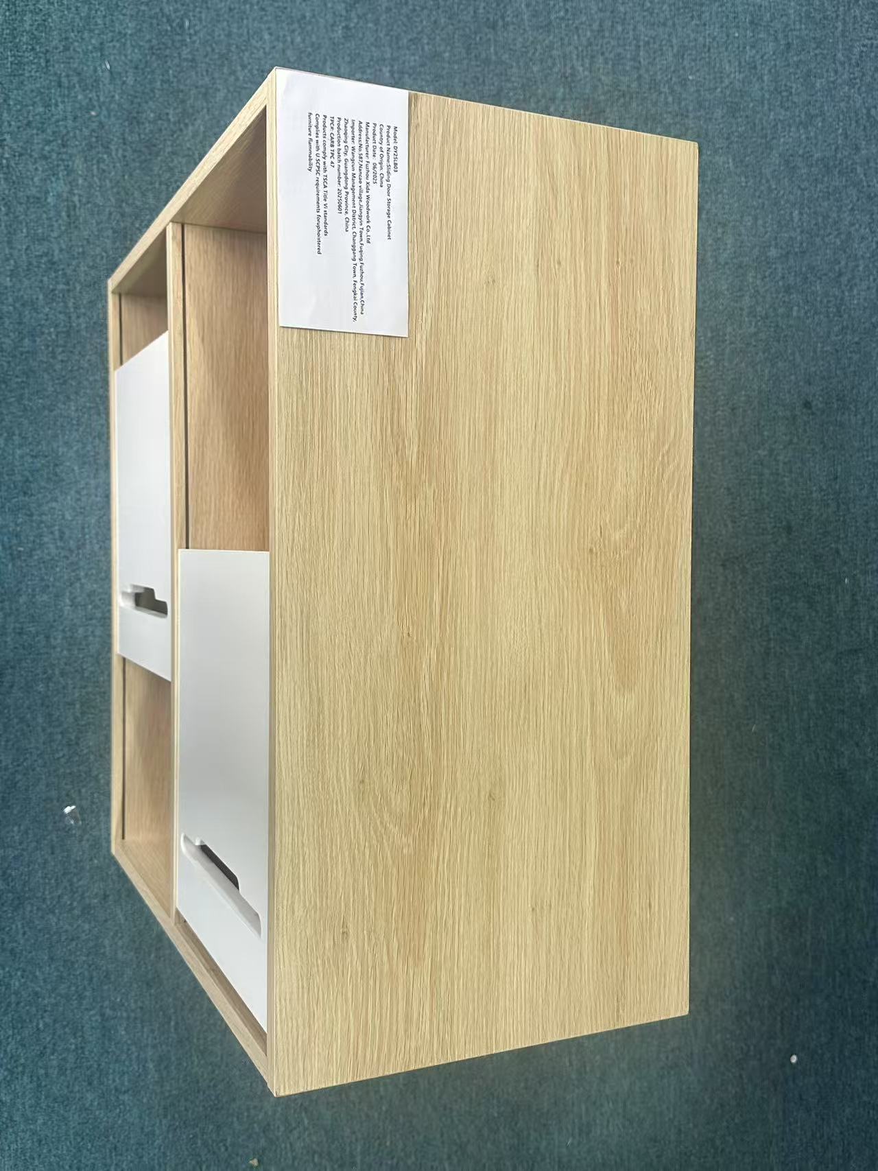 Modern Wooden Storage Cabinet with Sliding Doors,2-Tier Open and Closed Shelves Organizer,Natural Wood Finish with White Panels,for Living Room,Bedroom,or Kids'Room