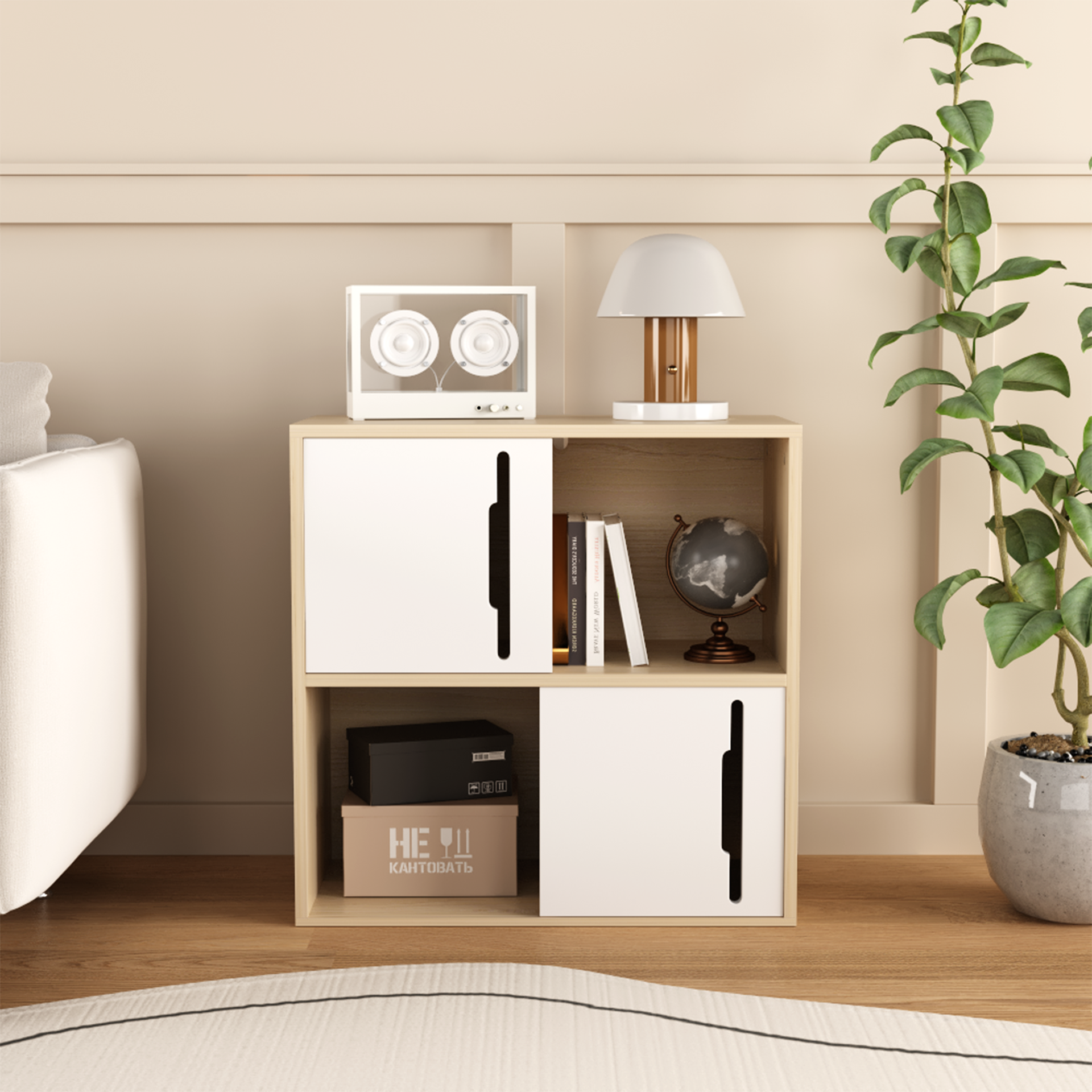 Modern Wooden Storage Cabinet with Sliding Doors,2-Tier Open and Closed Shelves Organizer,Natural Wood Finish with White Panels,for Living Room,Bedroom,or Kids'Room