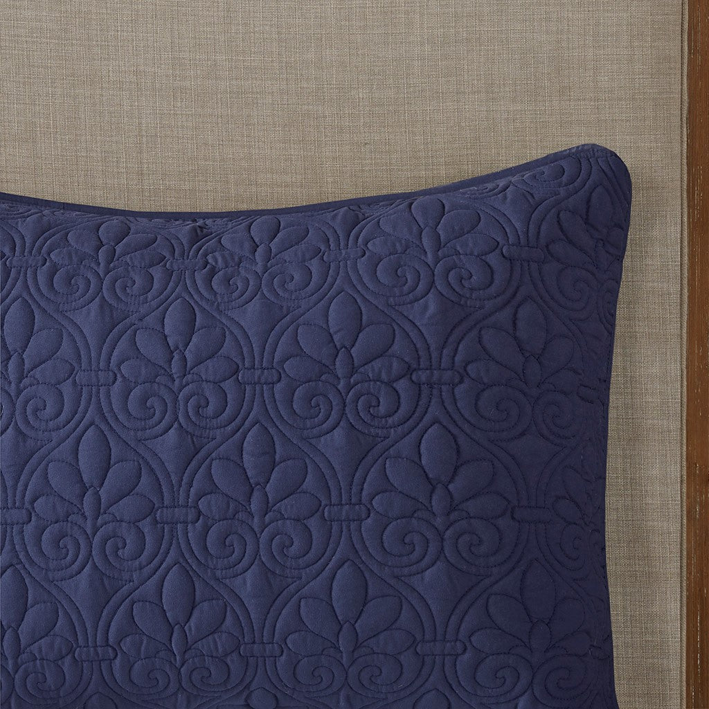 3 Piece Split Corner Pleated Quilted Bedspread Navy King