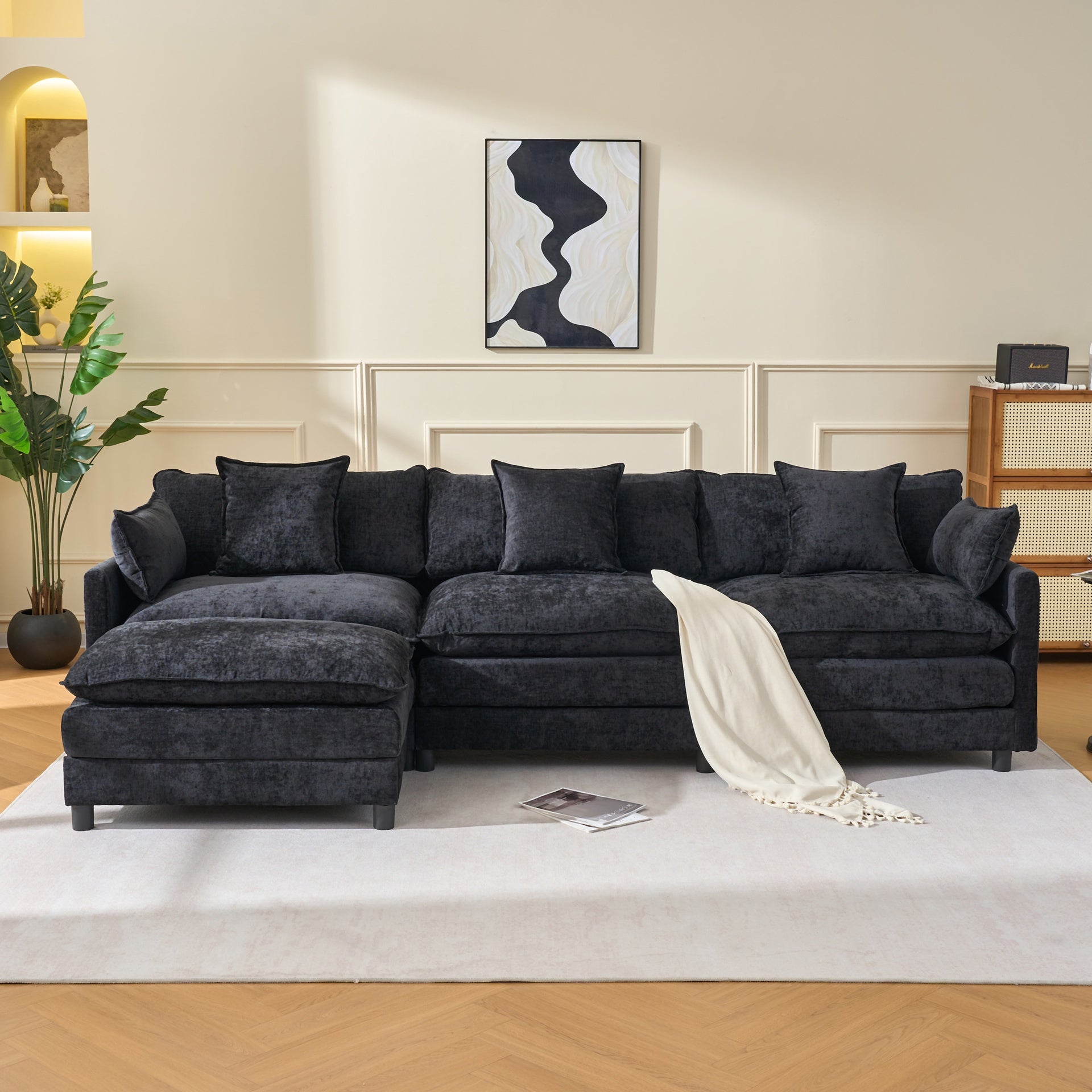 108" L Shaped Modern Sofa Modular Sectional Cloud Couch with Ottoman, 4-Seat Chenille Deep Seat Sofa with Pillow for Living Room, Bedroom and Apartment
