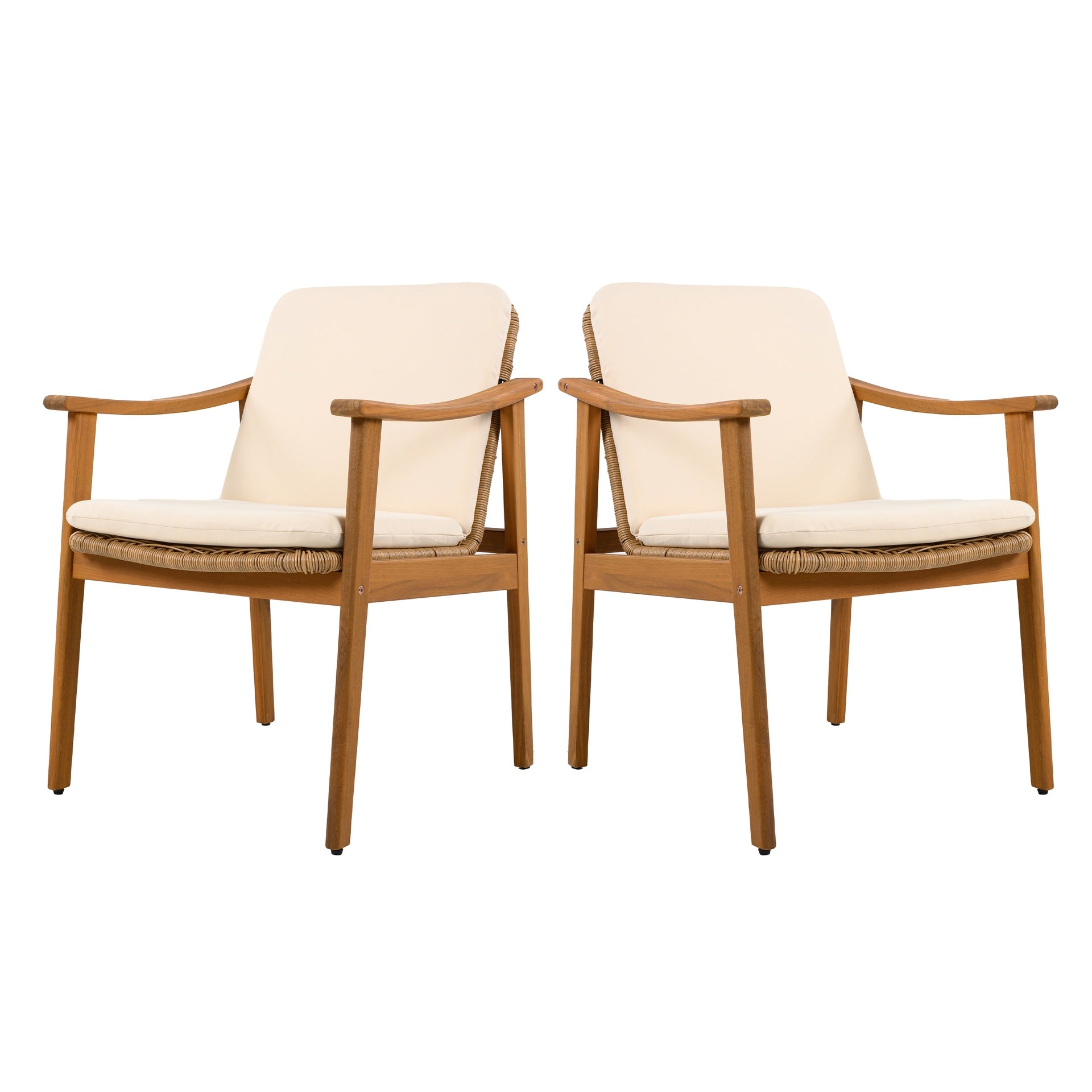 Outdoor Dining Chairs Set of 2, Teak Color Acacia Wood Frame, Brown PE Wicker, Beige Waterproof Cushion, Ideal for Patios, Gardens