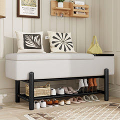 TREXM Farmhouse Upholstered Storage Bench with Hidden Compartment, Modern Entryway Bench for Living Room, Entryway, and Hallways (Black)