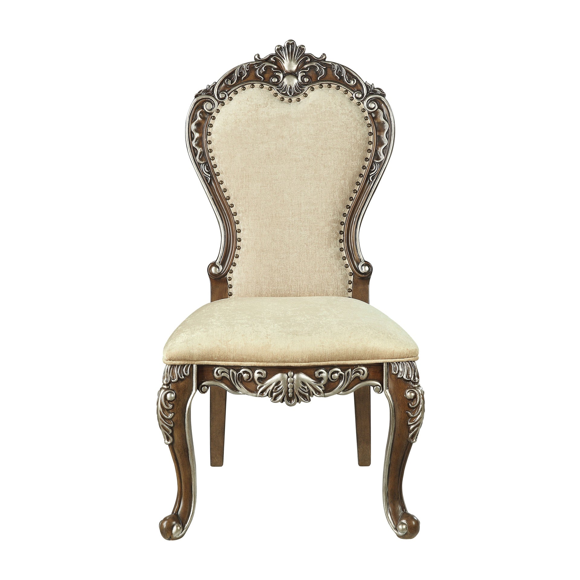 Beige and Antique Oak Side Chair with Nailhead Trim (Set of 2)