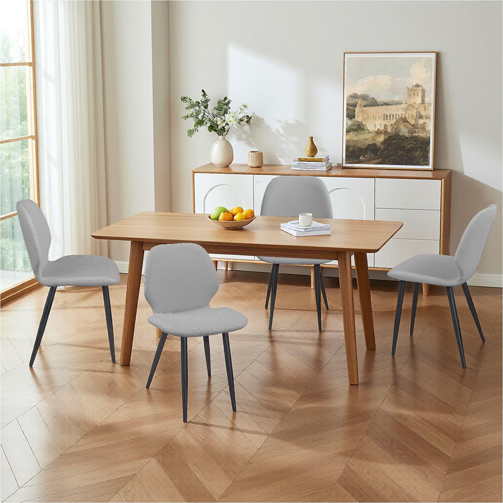 Light Grey Leather Dining Chair with Metal Legs, Shell Shape Upholstered Chair Set of 4 for Kitchen, Restaurant, Living, Meeting Roomwhite icon