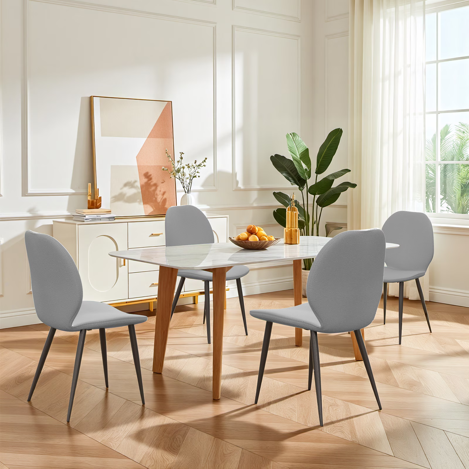 Light Grey Leather Dining Chair with Metal Legs, Shell Shape Upholstered Chair Set of 4 for Kitchen, Restaurant, Living, Meeting Roomwhite icon