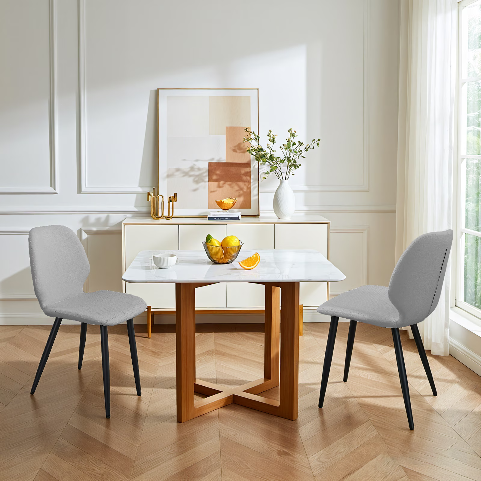 Light Grey Leather Dining Chair with Metal Legs, Shell Shape Upholstered Chair Set of 4 for Kitchen, Restaurant, Living, Meeting Roomwhite icon