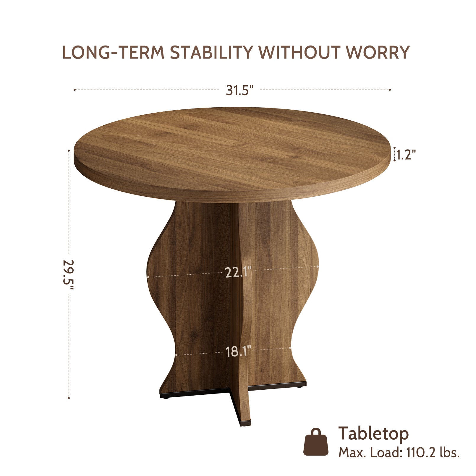 31.5 Inch Small Round Dining Table for 2, Walnut Farmhouse Round Kitchen Table, Wave Pedestal Base, Space-Saving Circle Dining Table for Apartment, Breakfast Nook, Dining Room