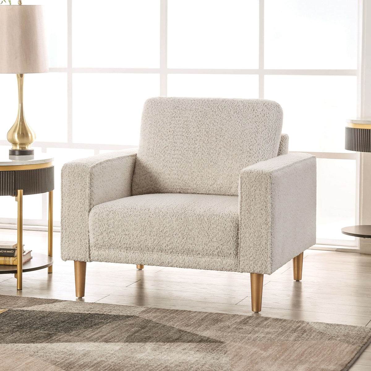 1pc Chair Track Arms Wooden Legs Loose Pillow Back Bench Style Seating Contemporary Off-White Primary Living Room