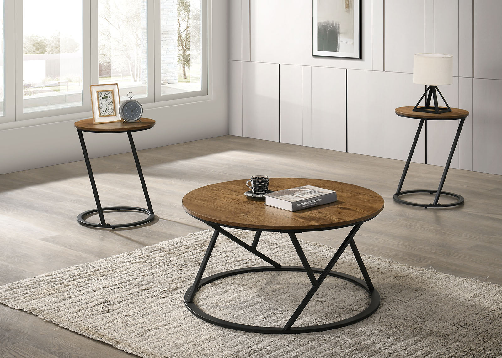 Natural Finish Contemporary 3pc Table Set 1x Coffee Table 2x End Table Decorative Abstract Metal Base Primary Living Room