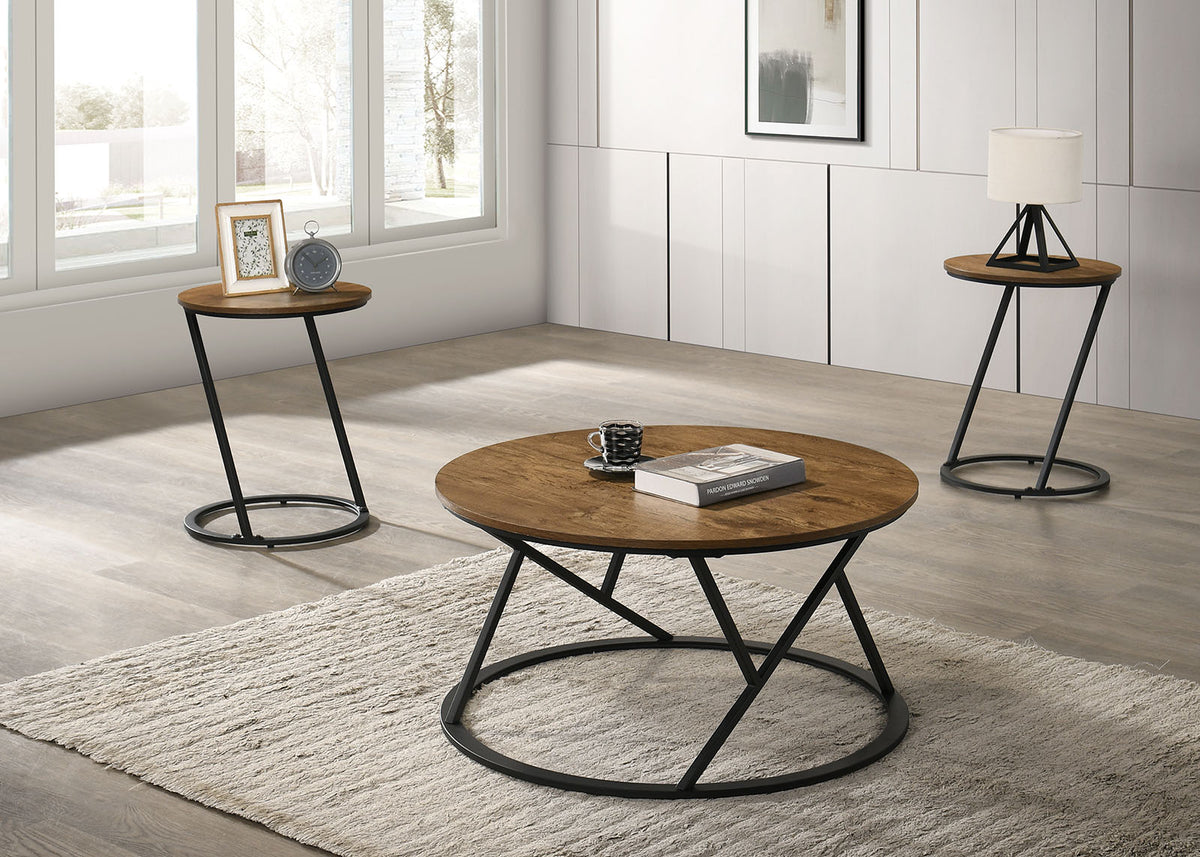 Natural Finish Contemporary 3pc Table Set 1x Coffee Table 2x End Table Decorative Abstract Metal Base Primary Living Room