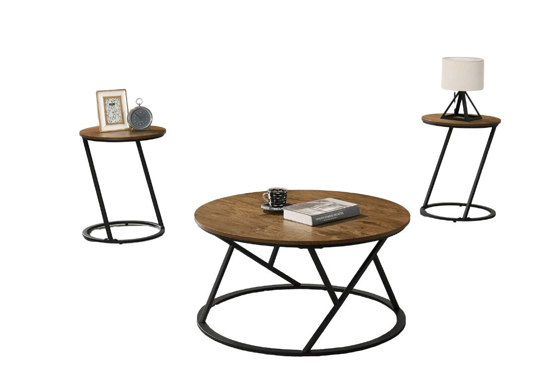 Natural Finish Contemporary 3pc Table Set 1x Coffee Table 2x End Table Decorative Abstract Metal Base Primary Living Room