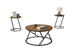 Natural Finish Contemporary 3pc Table Set 1x Coffee Table 2x End Table Decorative Abstract Metal Base Primary Living Room