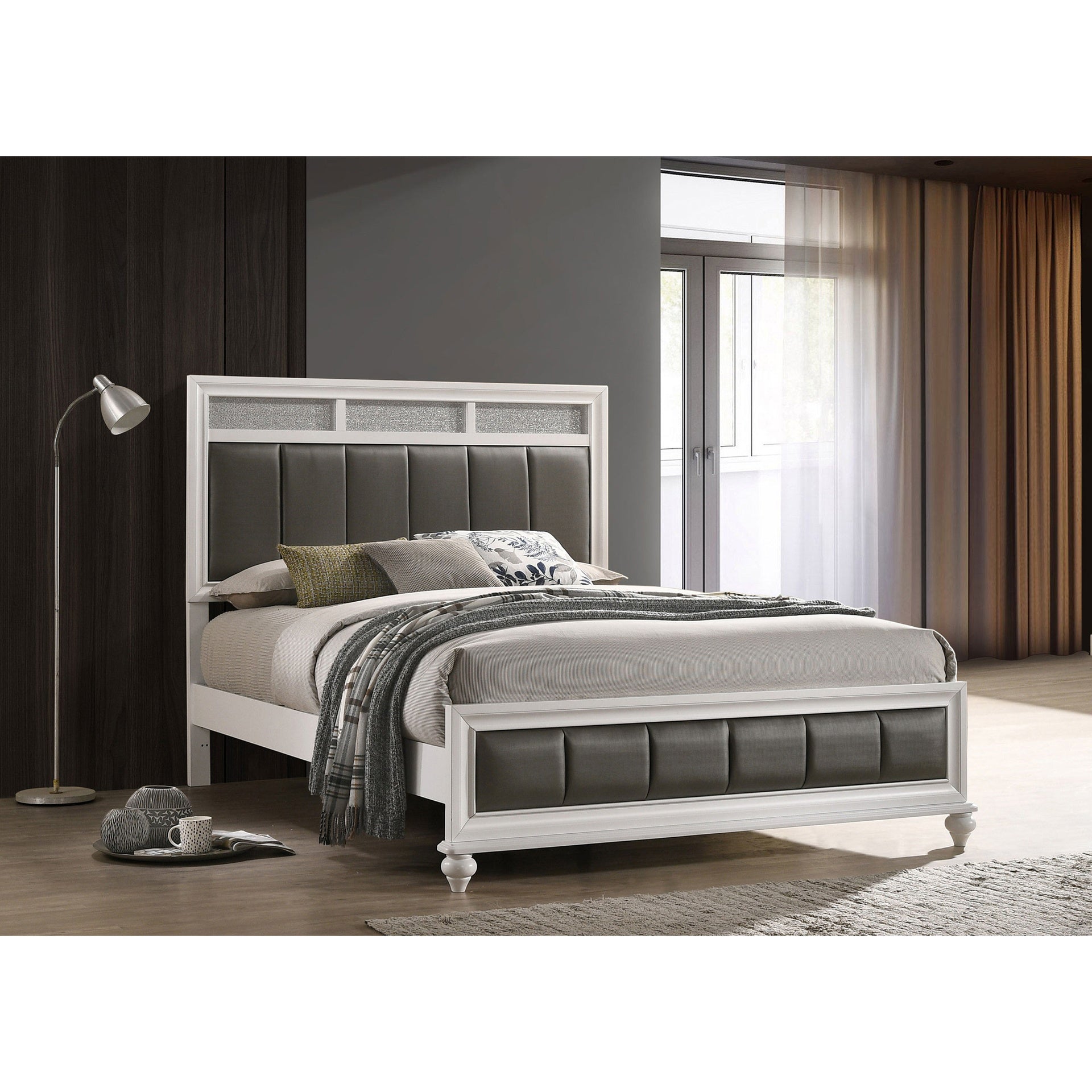 Talia White and Grey Upholstered Queen Panel Bed