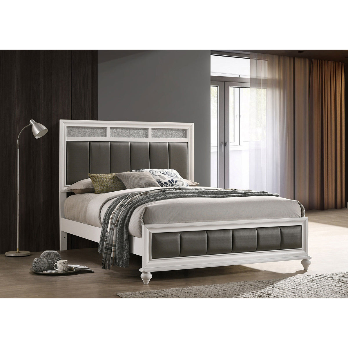 Talia White and Grey Upholstered Queen Panel Bed