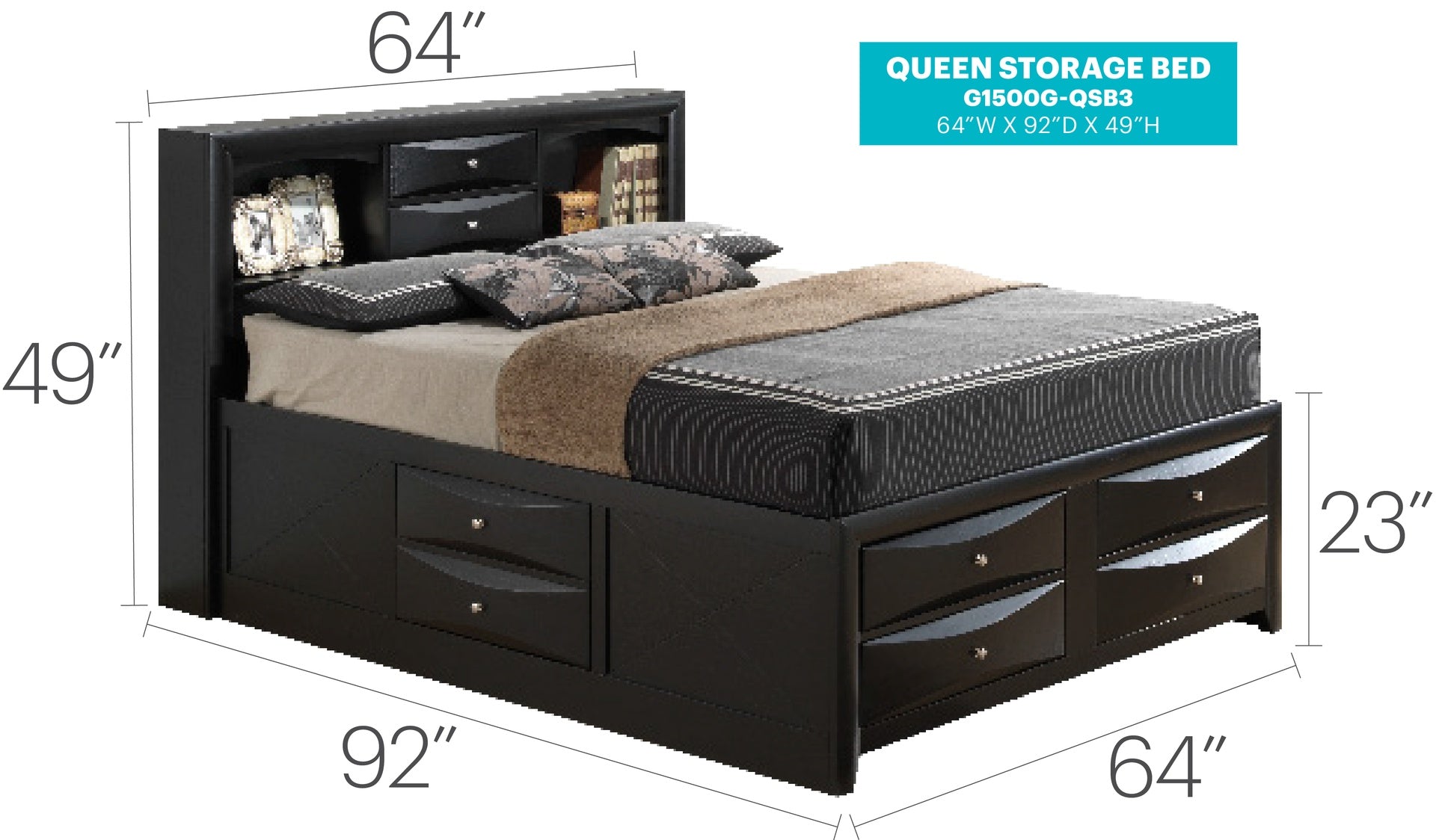 Stylish Black Queen Storage Bed With Modern Design